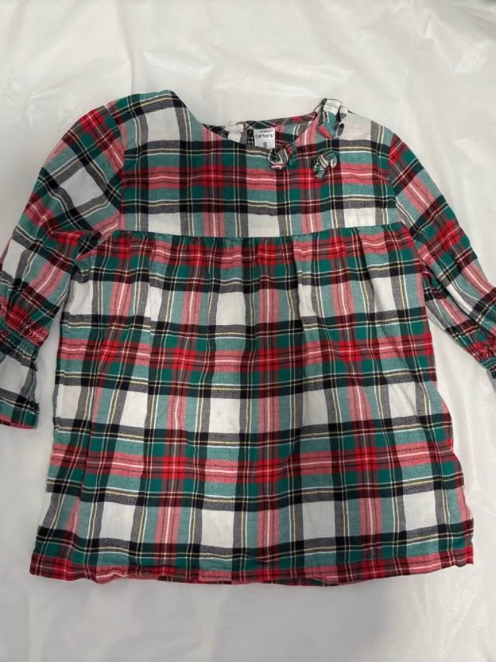 Carter's girls 3/4 sleeve patterned checked top, labeled size 8 fits 5-6